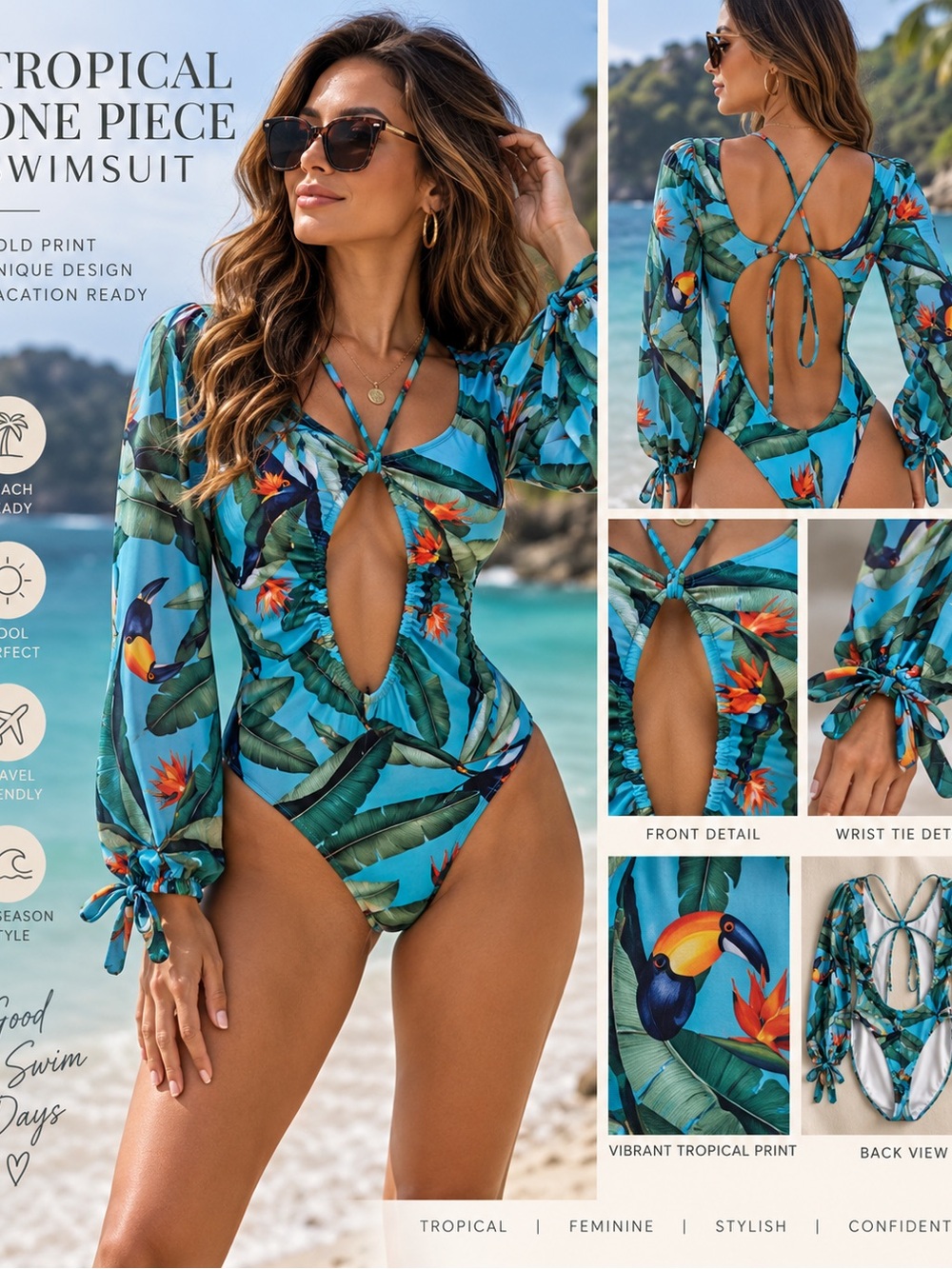 Tropical Toucan Long Sleeve Cutout One Piece Swimsuit M